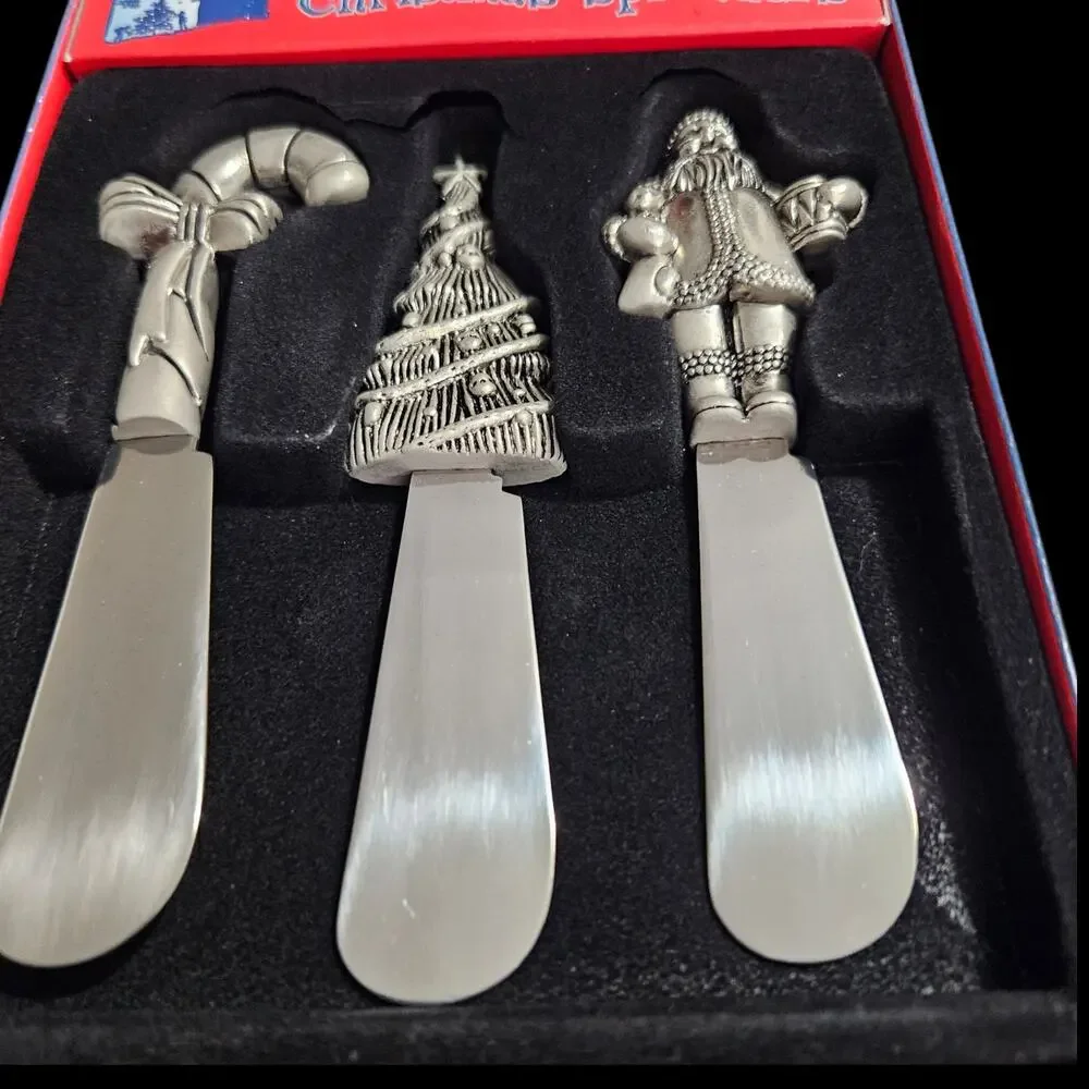 Innovage Christmas Spreader Set 3 Pc Pewter Tone Stainless Steel Holiday NIB